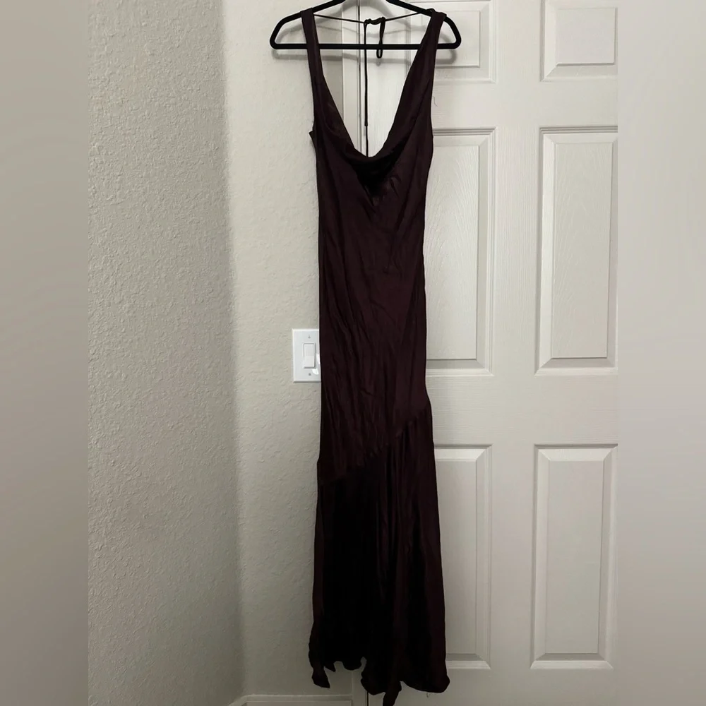 Meshki Ellison Satin Cowl Dress in Dark Chocolate Extra Small - Picture 5 of 6